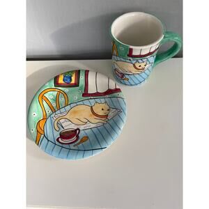 The Cellar Hand Painted Cat Plate & Mug